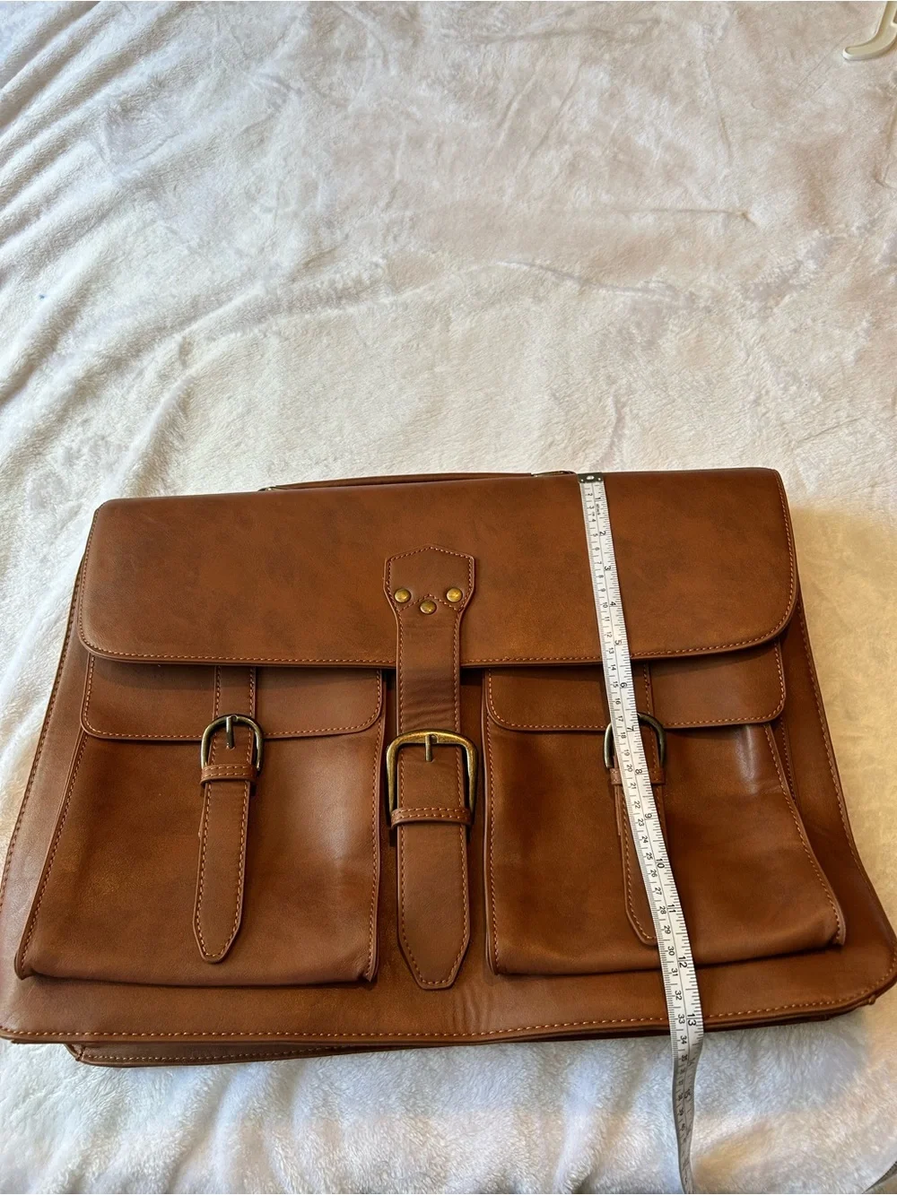 Men's Tan Leather Briefcase with Dual Front Pockets